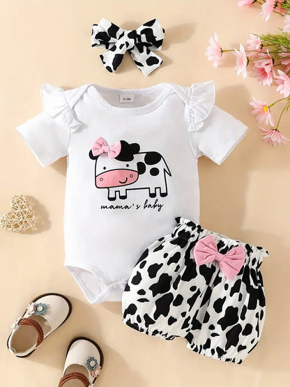 Adorable Baby Girl's Letter Print Onesie & Floral Shorts & Headband Set