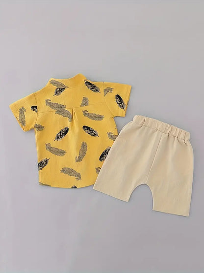 Trendy Baby Boys Feather Pattern Shirt & Shorts Set