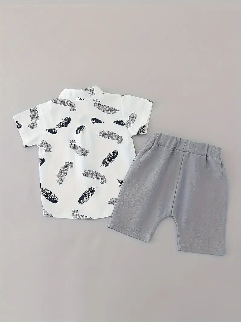 Trendy Baby Boys Feather Pattern Shirt & Shorts Set