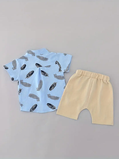 Trendy Baby Boys Feather Pattern Shirt & Shorts Set