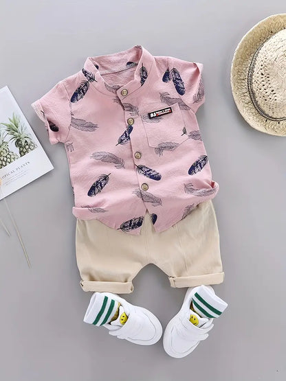 Trendy Baby Boys Feather Pattern Shirt & Shorts Set