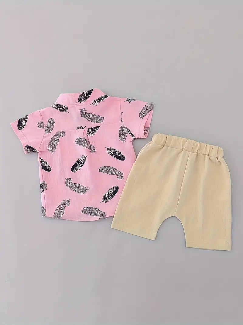 Trendy Baby Boys Feather Pattern Shirt & Shorts Set