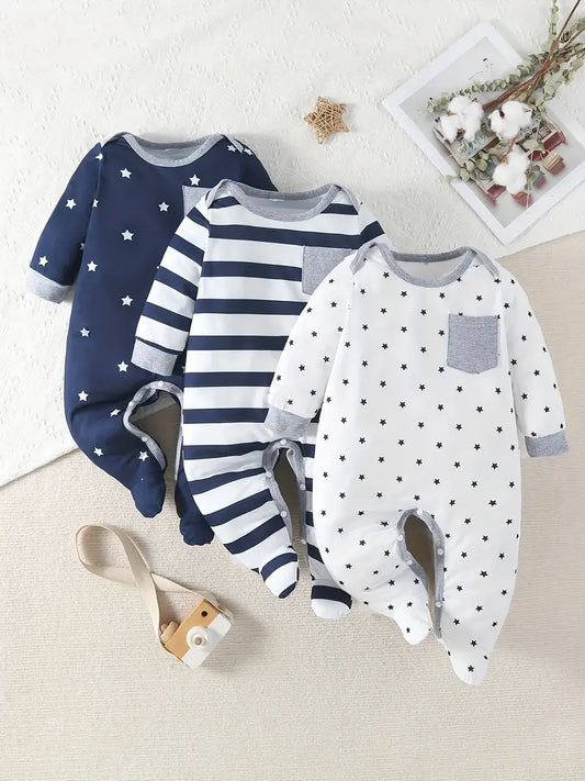 Adorable Baby Boys Star Printed Footed Bodysuit 3 Piece Set