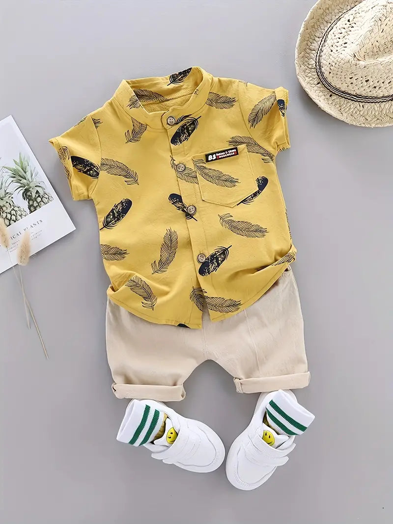 Trendy Baby Boys Feather Pattern Shirt & Shorts Set