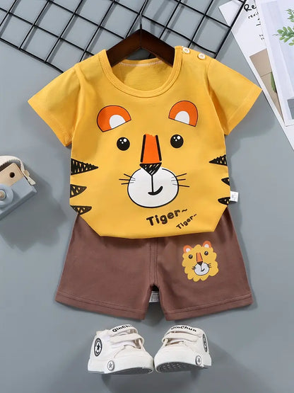 Summer 2pcs Animal Print Short Sleeve Tees & Shorts Set